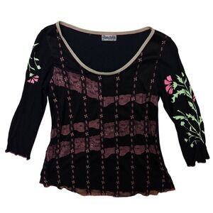 Y2K Vintage Gypsy Daisy Womens Black Mesh Lace Floral Long Sleeve Large